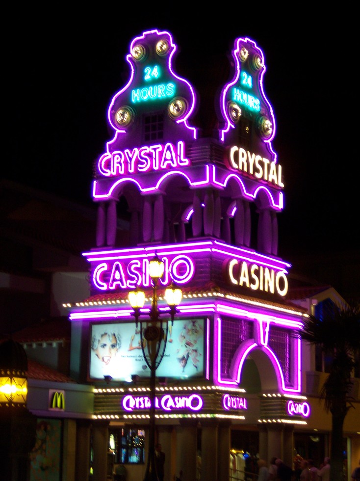 The lit up outside of a casino in Aruba