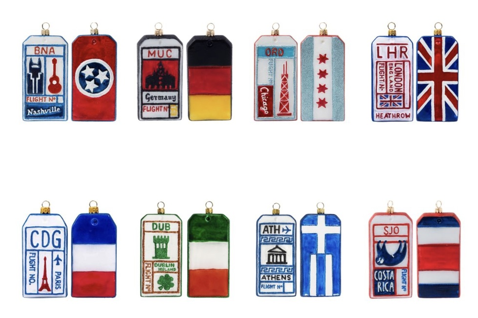the best travel products for 2023: Joy to the World luggage tag Christmas tree ornaments