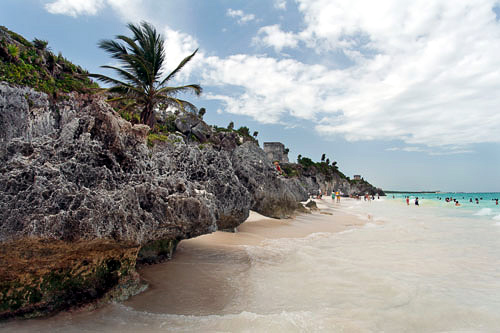 Beautiful shoreline at the beach in Tulum along the Mexican Gulf, Yucatan Peninsula