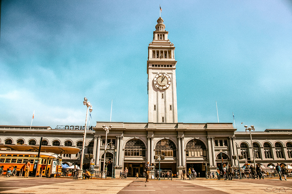 A long-distance shot of the ferry building