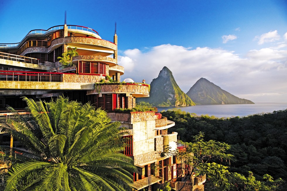A bird's-eye view of the Jade Mountain resort in St. Lucia