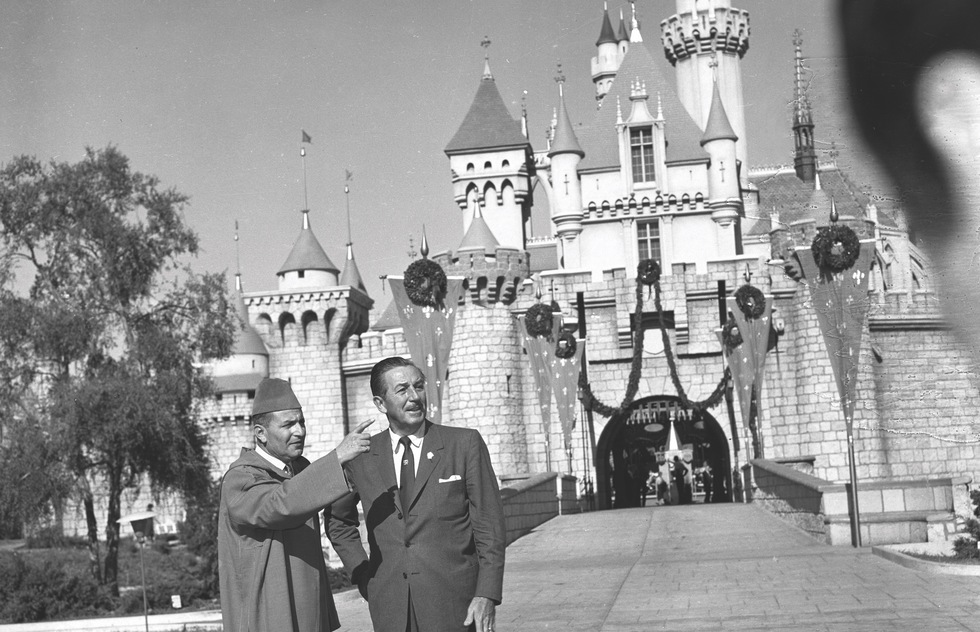 Walt Disney with King Mohammed V of Morocco at Disneyland, 1957.
