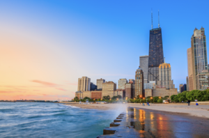 Summer in Chicago: North Avenue Beach and downtown skyline