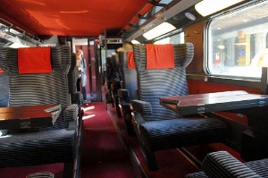 First-class train seats in a "quiet car" aboard a TGV train to Paris.