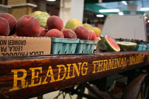 Amish fruit stand atop a wagon base at the Reading Terminal Market in Philadelphia.