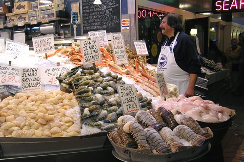 The fish market inside Pike Place Market, Seattle.