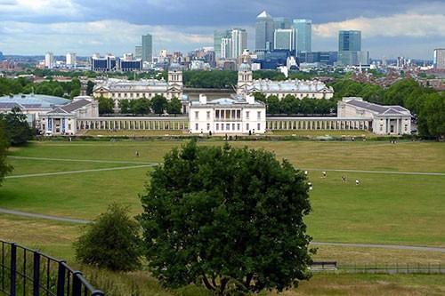 The Queen's House, Greenwich as seen from the Old Royal Observatory on Greenwich Hill.