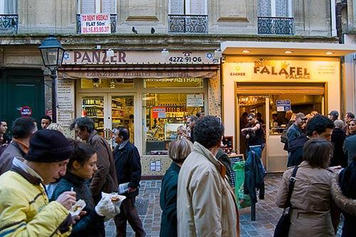 Falafel stands line Rue de Rosiers in Paris.