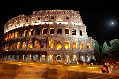 The Colosseum's dramatic exterior features Doric, Ionic, and Corinthian columns.