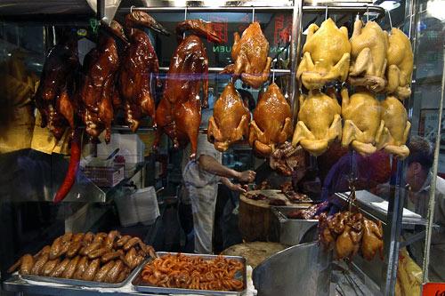 Poultry hangs from a food stall in Hong Kong.