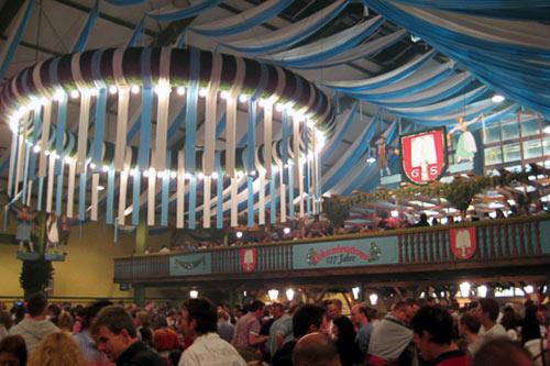 Spaten beer tent is festooned for Oktoberfest celebrations.