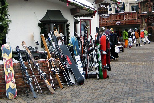 Snowboards and skis in downtown Vail, Co.
