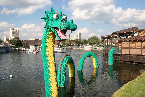 Lego dragon in the Downtown Disney lake outside the Lego store.