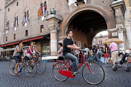 Bicycles outnumber cars on the streets of Ferrara--unusual for an Italian city.