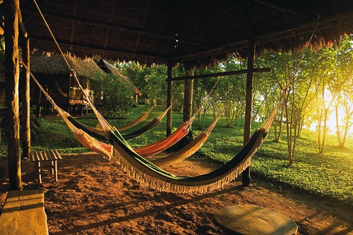 Hammocks outside a lodge on the Madre de Dios River in Peru's Tambopata National Reserve.