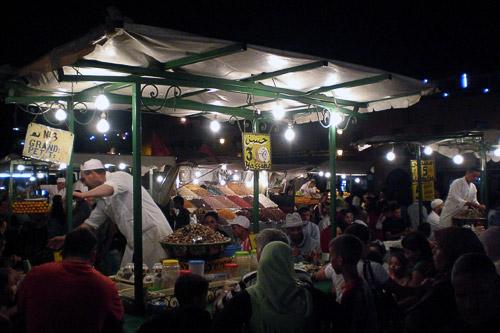 Escargot stands in the bustling Jemaa el Fna night market in Marrakech.