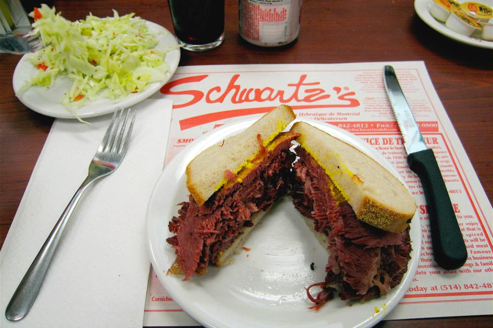 Schwartz's in Montreal is famous for its smoked meat sandwich.