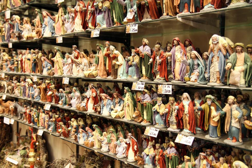 Nativity figurines for sale along Via San Gregorio Armeno in Naples, Italy.