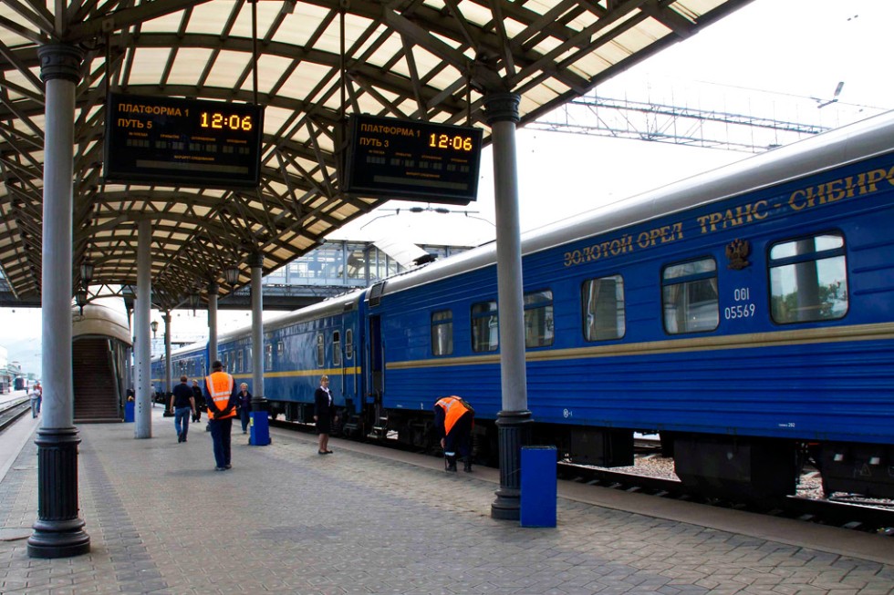 The Golden Eagle Trans-Siberian train at the railway station in Krasnoyarsk, Siberia, an important junction along the Trans-Siberian Express.