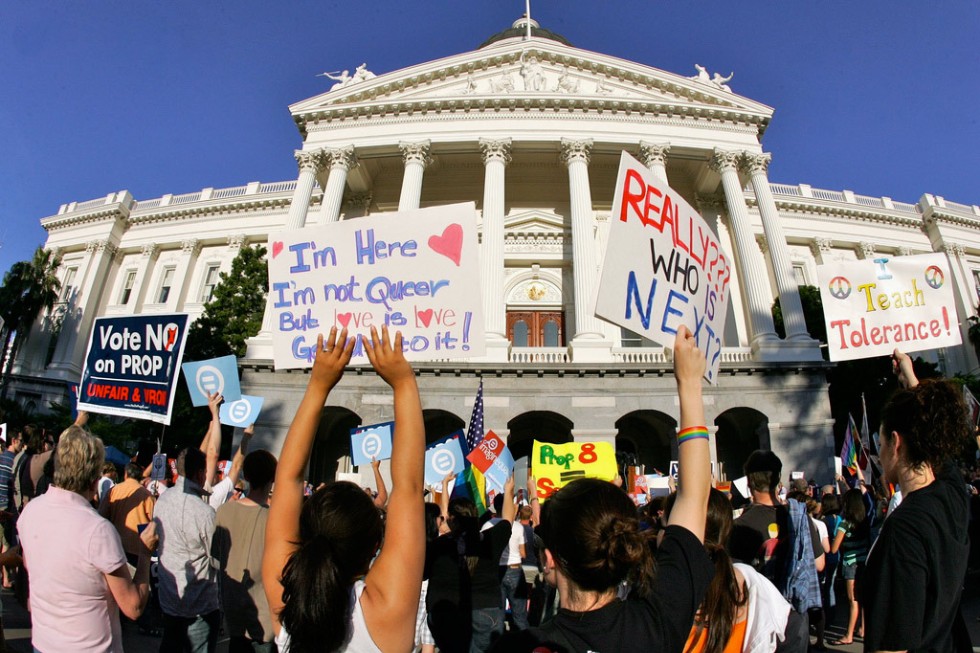 Supporters of same-sex marriage protest on the west steps of the California Capitol.