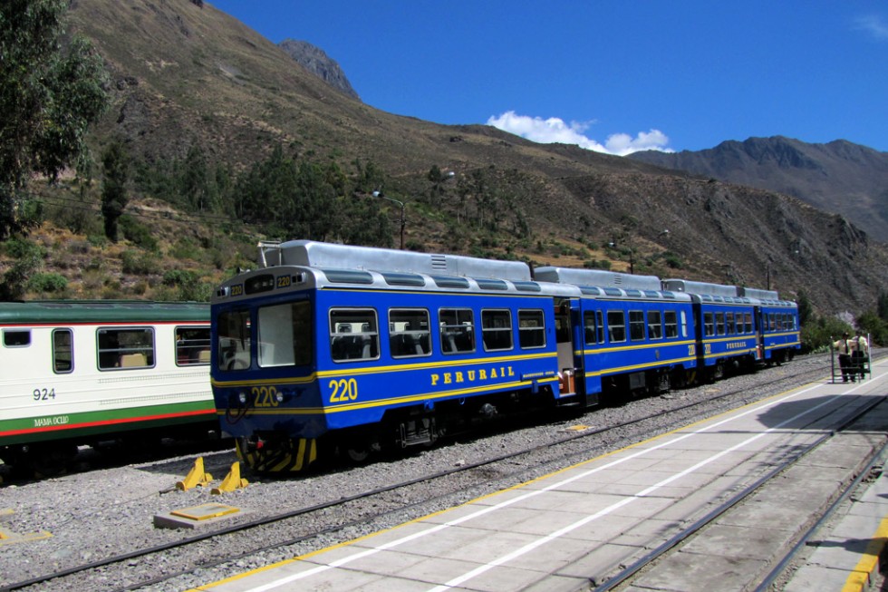 The Hiram Bingham train at Ollantaytambo station, en route to nearby Machu Picchu.