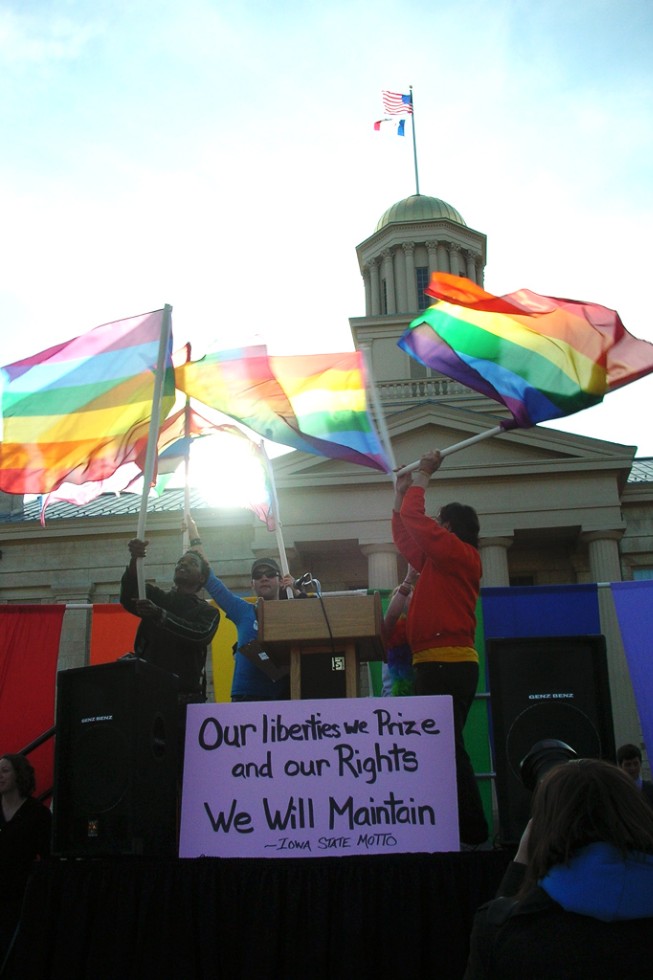 A rally held in Iowa City following the Supreme Court's decision to legalize same-sex marriage in Iowa