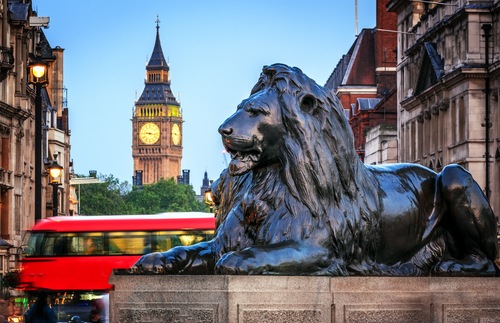 lion and Whitehall with Big Ben in background, Trafalgar Square, London