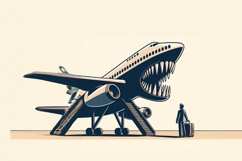  airplane as a giant monster with sharp teeth, crouching over a tiny person with a suitcase (AI generated)