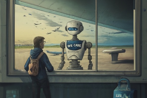 Robot with WE CARE sign serving passenger at airport (illustration)