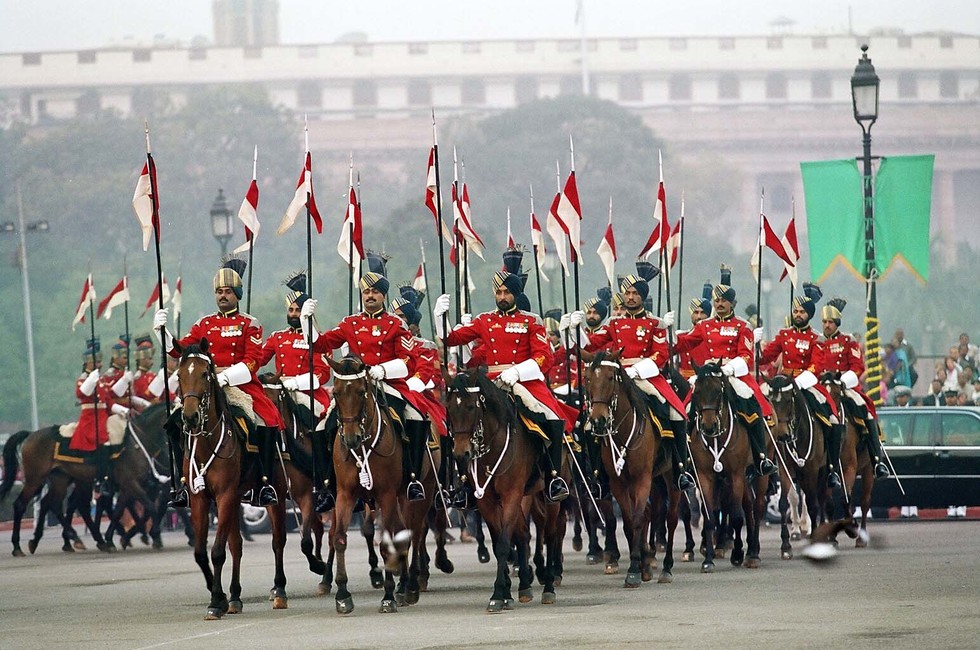 Indian Soldiers marching during the Independence Day ceremony held at Red Fort