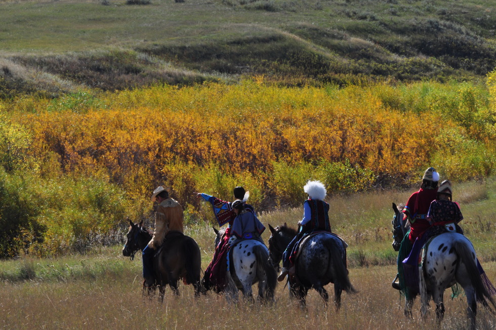 Riders along the Nez Perce National Historic Trail at the Bear Paw Battlefield near Chinook, Montana.