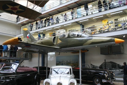 Old models of cars and planes on exhibit at the National Technical Museum in Prague.