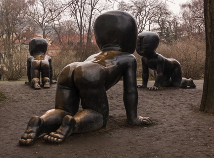Artist David Černý’s giant metal baby sculptures.