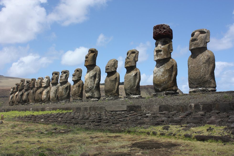 The giant moai statues in a line on Easter Island