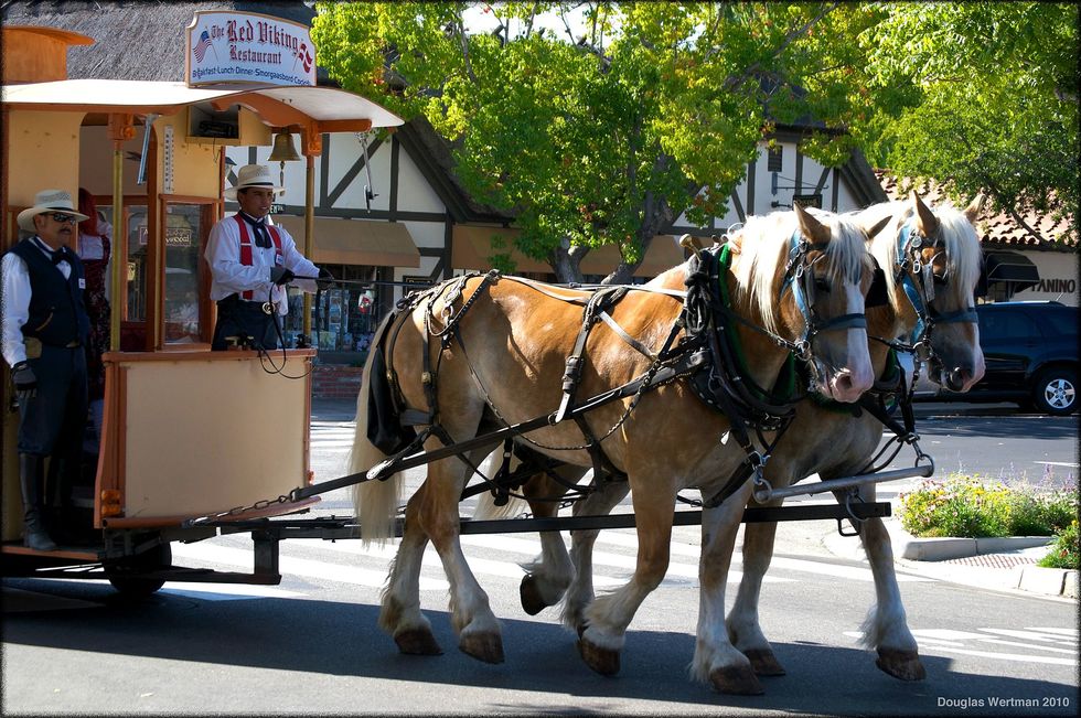 A horse-drawn carriage in Solvang, California.