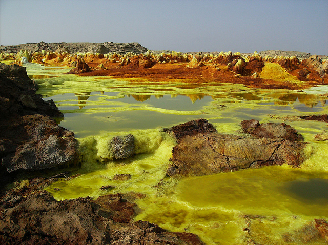 Bright lime-colored springs and crystals cover an area around the Dallol volcano