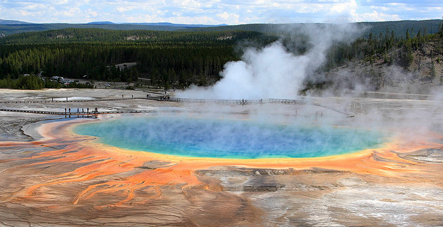 Steam rising from the colorful Grand Prismatic Spring