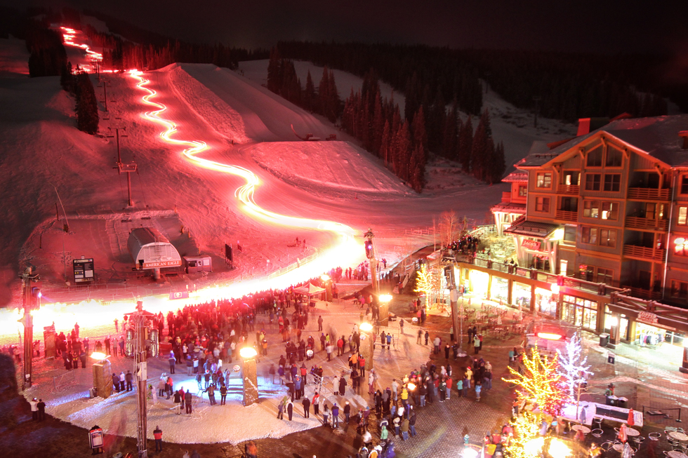 The Copper Mountain resort area spectacularly lit up at night