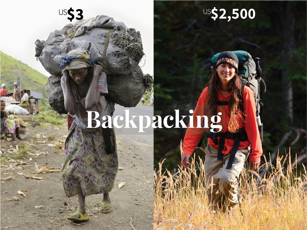 <strong>Left:</strong> $3 is the approximate cost of the outfit of this woman in DRC.<strong> Right:</strong> $2,500 is the approximate cost of the backpack, thermal and water-proof outfit, boots, sleeping bag, self-inflating mat, cooking &nbsp;gear, GPS, first-aid kit, camera, water purification kit, and walking poles.&nbsp;