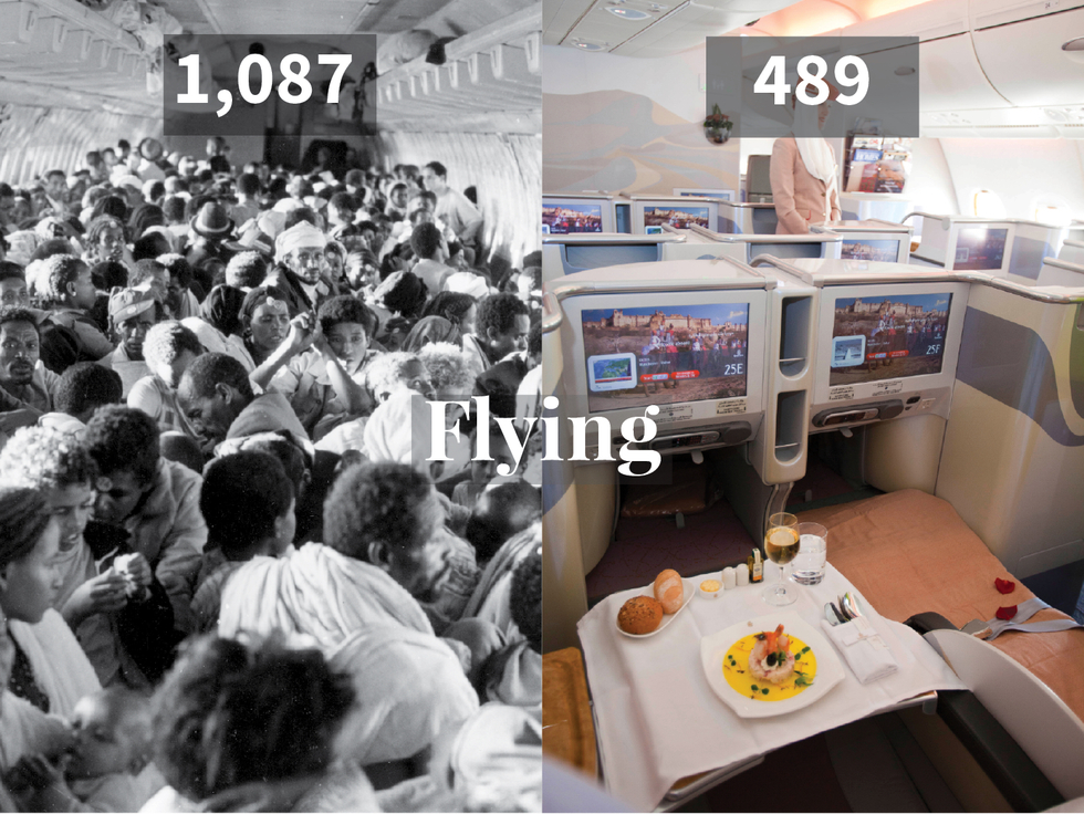 <strong>Left:</strong> 1,087 passengers cram onboard a single-class 747 El Al flight from Addis Ababa to Tel Aviv as part of a 1991 operation to airlift Ethiopian Jews to Israel. <strong>Right:</strong> 489 passengers sit in an Airbus 380, the world&rsquo;s largest passenger aircraft including 14 first-class and 76 business-class seats that recline to a flat position.