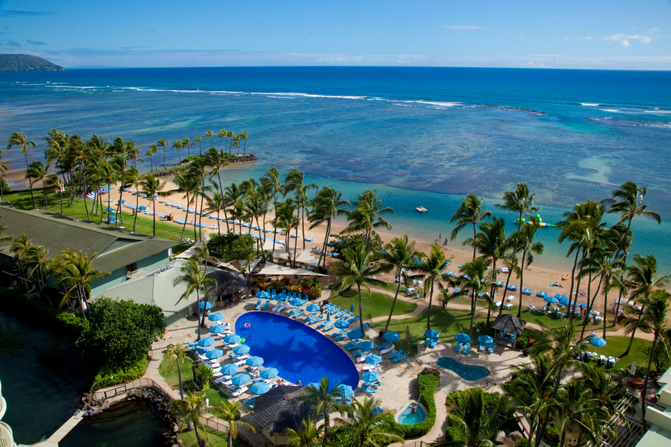 The pool and beach area of the Kahala Hotel and Resort