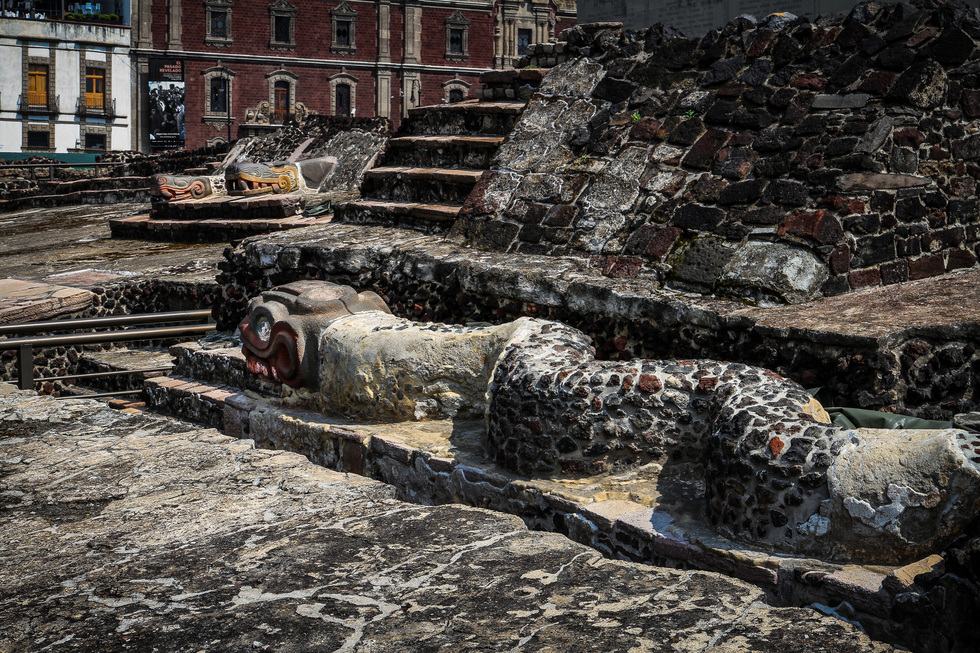 A snake sculpture at the Aztec Templo Mayor in Mexico City