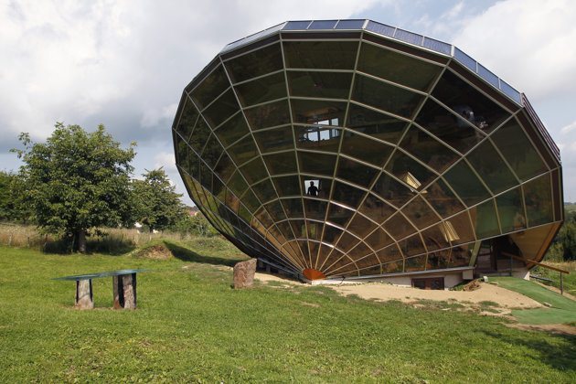 A closeup of a solar house, known as the sundial house, in Coswiller France.  