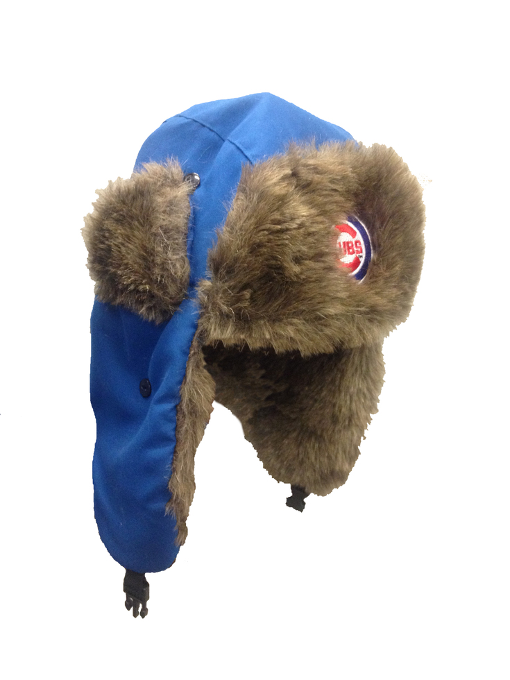 An aviator hat with the Chicago Cubs emblem on the front. 