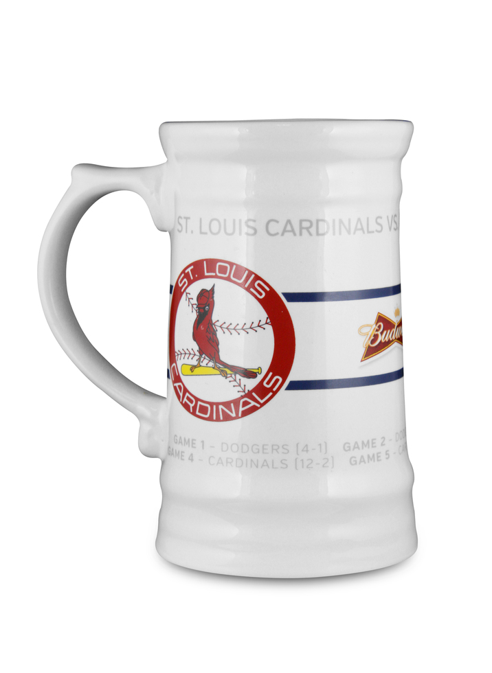 A white beer stein with the St. Louis Cardinals emblem displayed. 