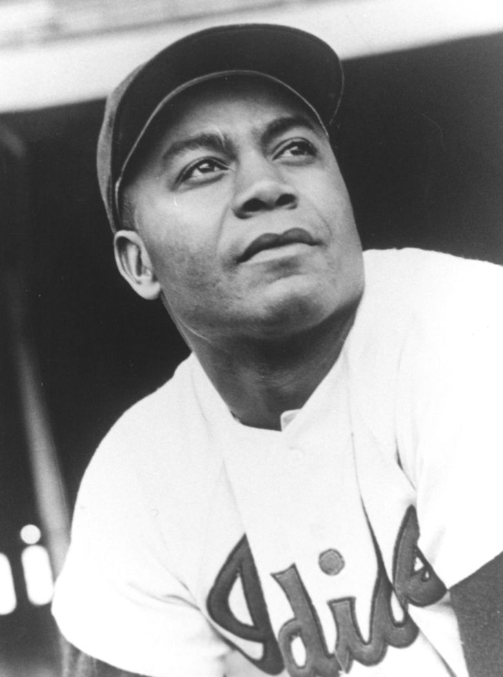 A closeup of Cleveland Indians Larry Doby in black and white. 