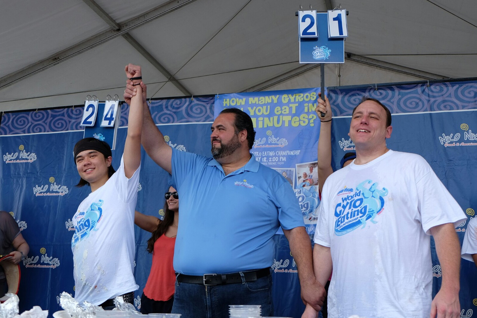 Matthew Stonie triumphs over Joey Chestnut in the final minutes of the 2014 Niko Niko’s World Gyro Eating Championship.