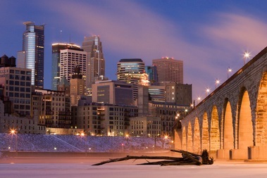 Bridge and skyline in Minneapolis.