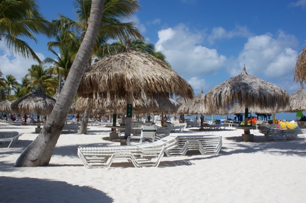 Palapas on the sands of Palm Beach in Aruba.