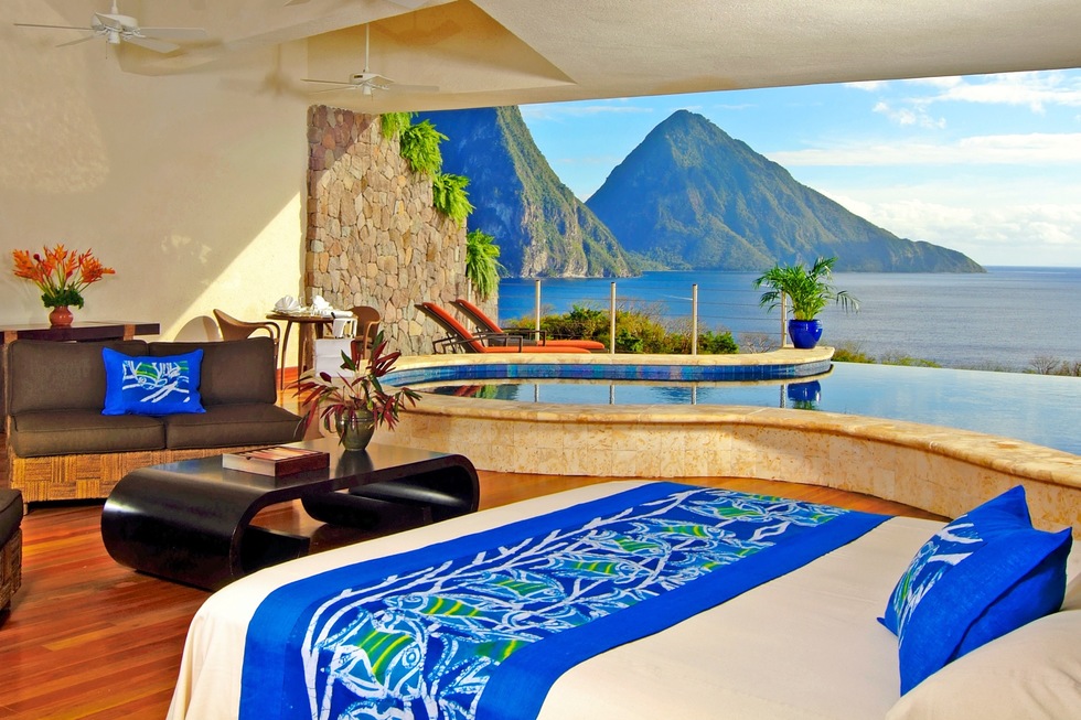 A bedroom with a view at the Jade Mountain resort in St. Lucia
